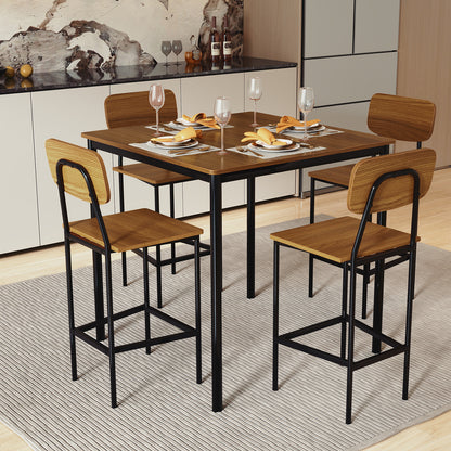 Modern 5 Piece Counter Height Dining Set with Square Table and 4 Bar Stools Teak Finish