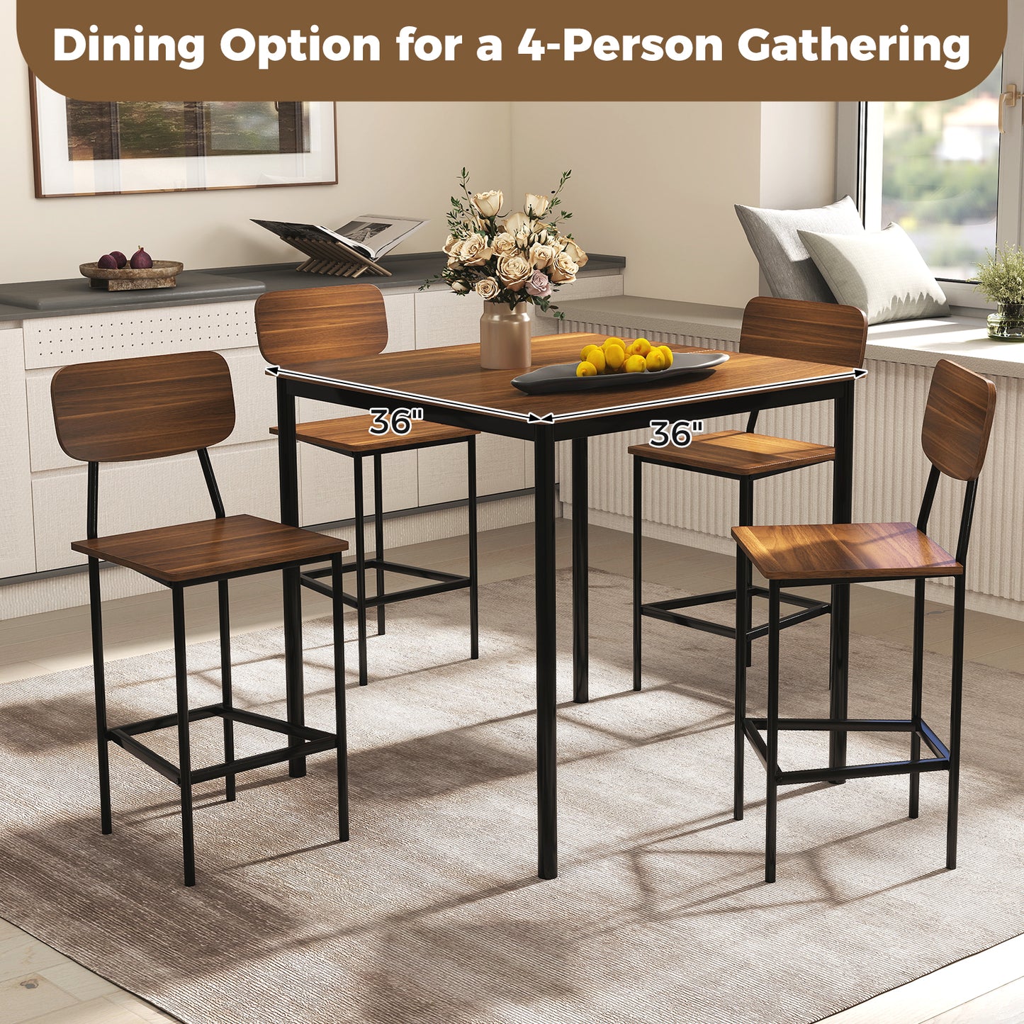 Modern 5 Piece Counter Height Dining Set with Square Table and 4 Bar Stools Teak Finish