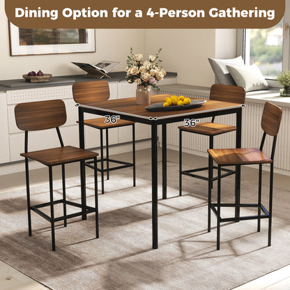 Modern 5 Piece Counter Height Dining Set with Square Table and 4 Bar Stools Teak Finish
