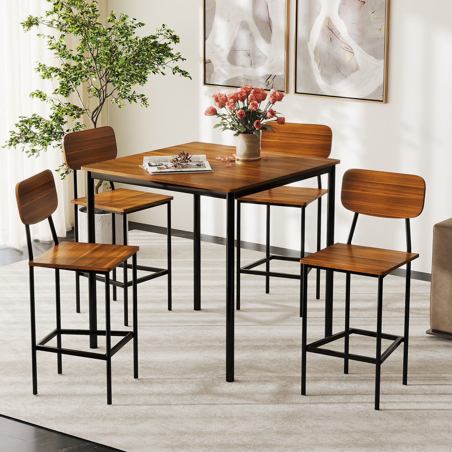Modern 5 Piece Counter Height Dining Set with Square Table and 4 Bar Stools Teak Finish