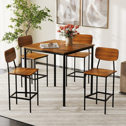 Modern 5 Piece Counter Height Dining Set with Square Table and 4 Bar Stools Teak Finish