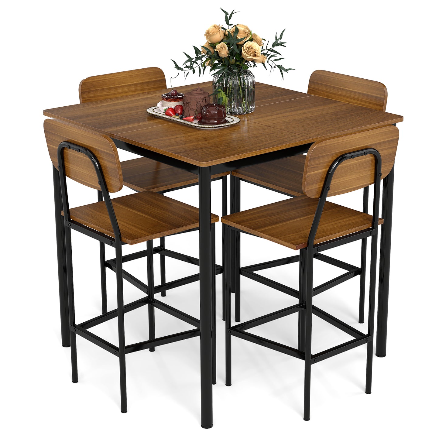 Modern 5 Piece Counter Height Dining Set with Square Table and 4 Bar Stools Teak Finish
