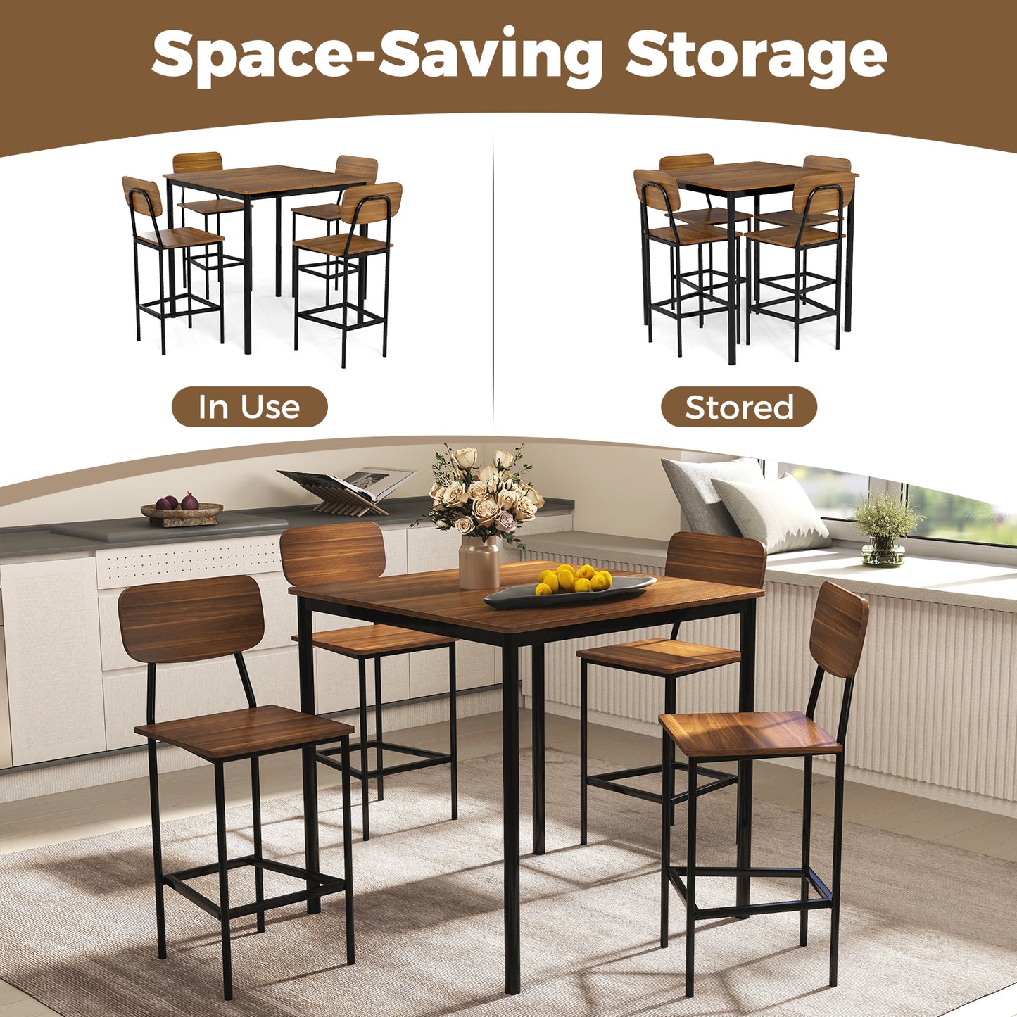 Modern 5 Piece Counter Height Dining Set with Square Table and 4 Bar Stools Teak Finish