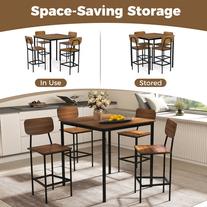 Modern 5 Piece Counter Height Dining Set with Square Table and 4 Bar Stools Teak Finish