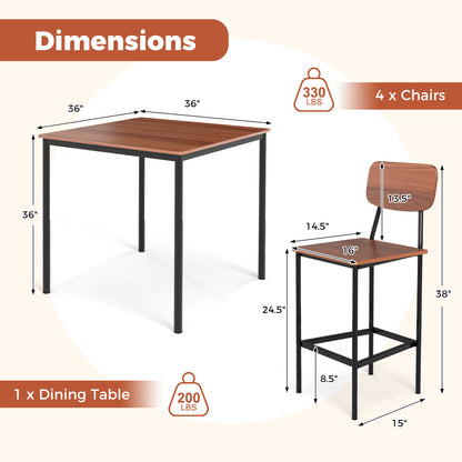 Modern 5 Piece Counter Height Dining Set with Square Table and 4 Bar Stools Walnut Finish