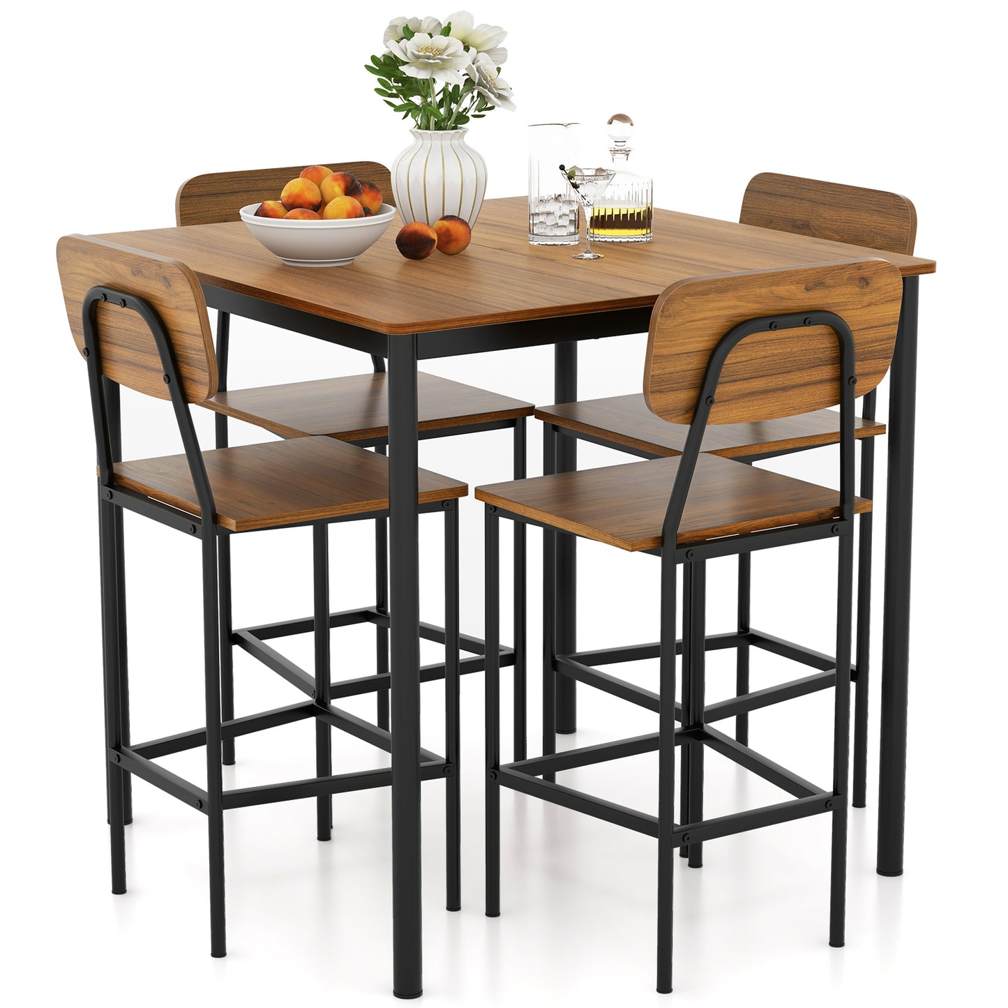 Modern 5 Piece Counter Height Dining Set with Square Table and 4 Bar Stools Walnut Finish