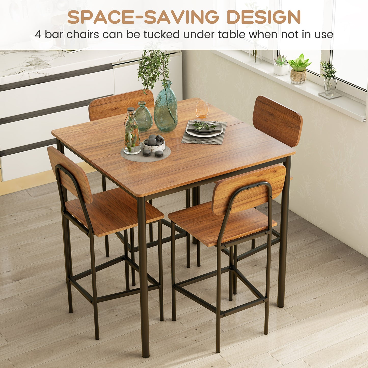 Modern 5 Piece Counter Height Dining Set with Square Table and 4 Bar Stools Walnut Finish