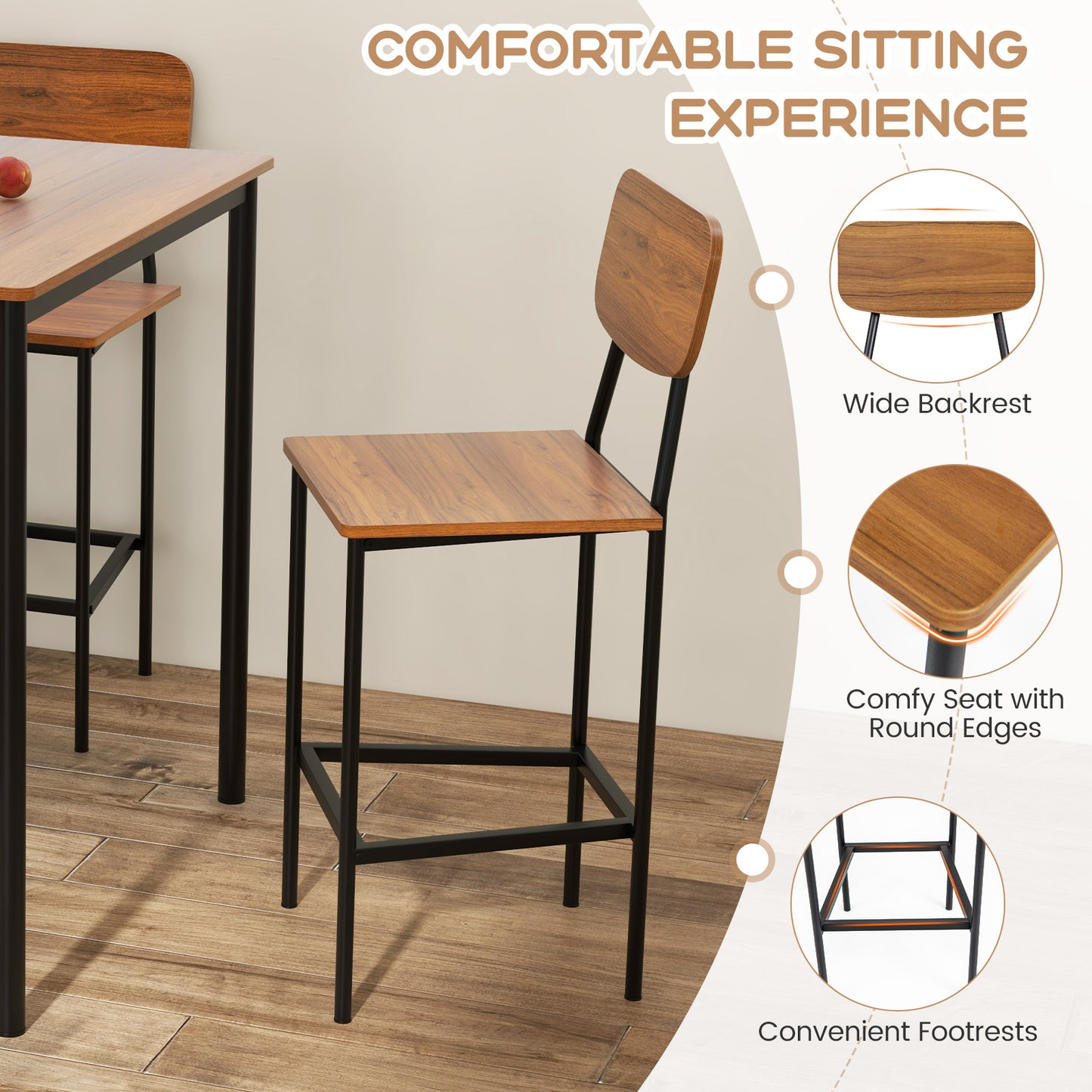 Modern 5 Piece Counter Height Dining Set with Square Table and 4 Bar Stools Walnut Finish