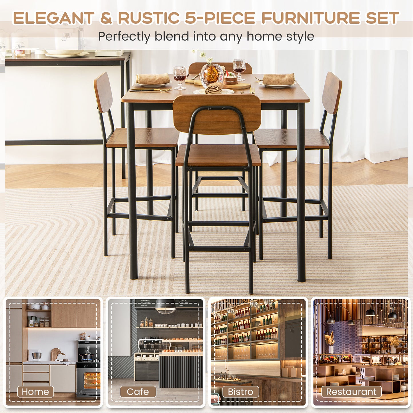 Modern 5 Piece Counter Height Dining Set with Square Table and 4 Bar Stools Walnut Finish
