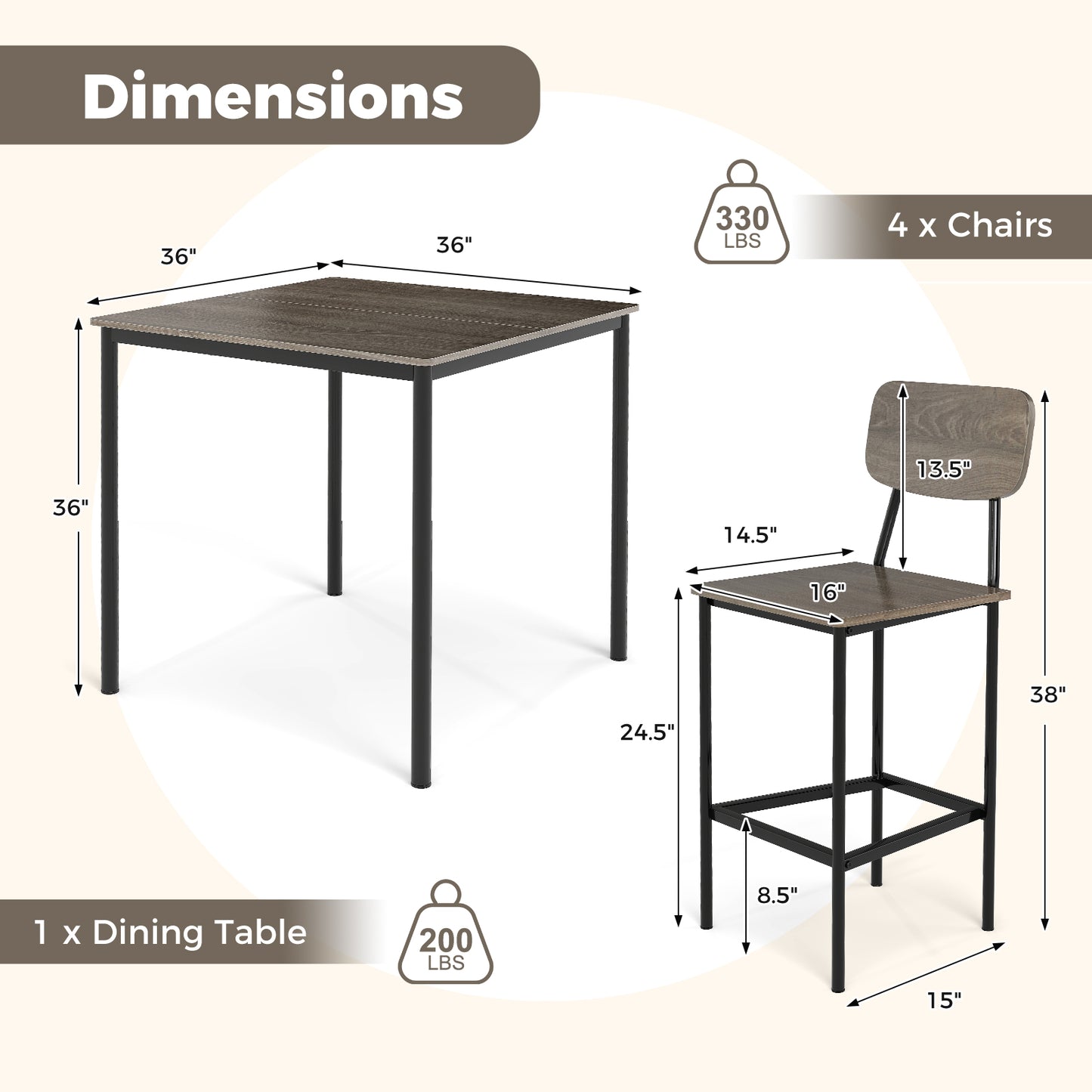 Modern 5 Piece Counter Height Dining Set with Square Table and 4 Bar Stools Grey Finish