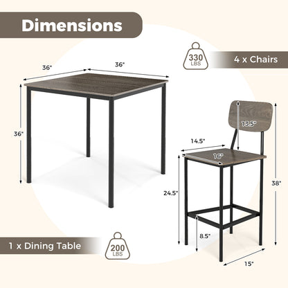 Modern 5 Piece Counter Height Dining Set with Square Table and 4 Bar Stools Grey Finish