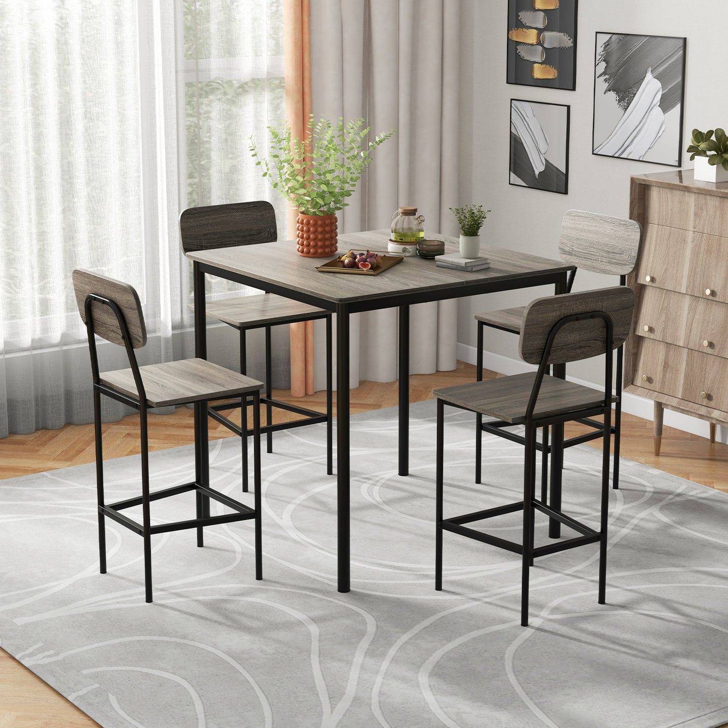 Modern 5 Piece Counter Height Dining Set with Square Table and 4 Bar Stools Grey Finish