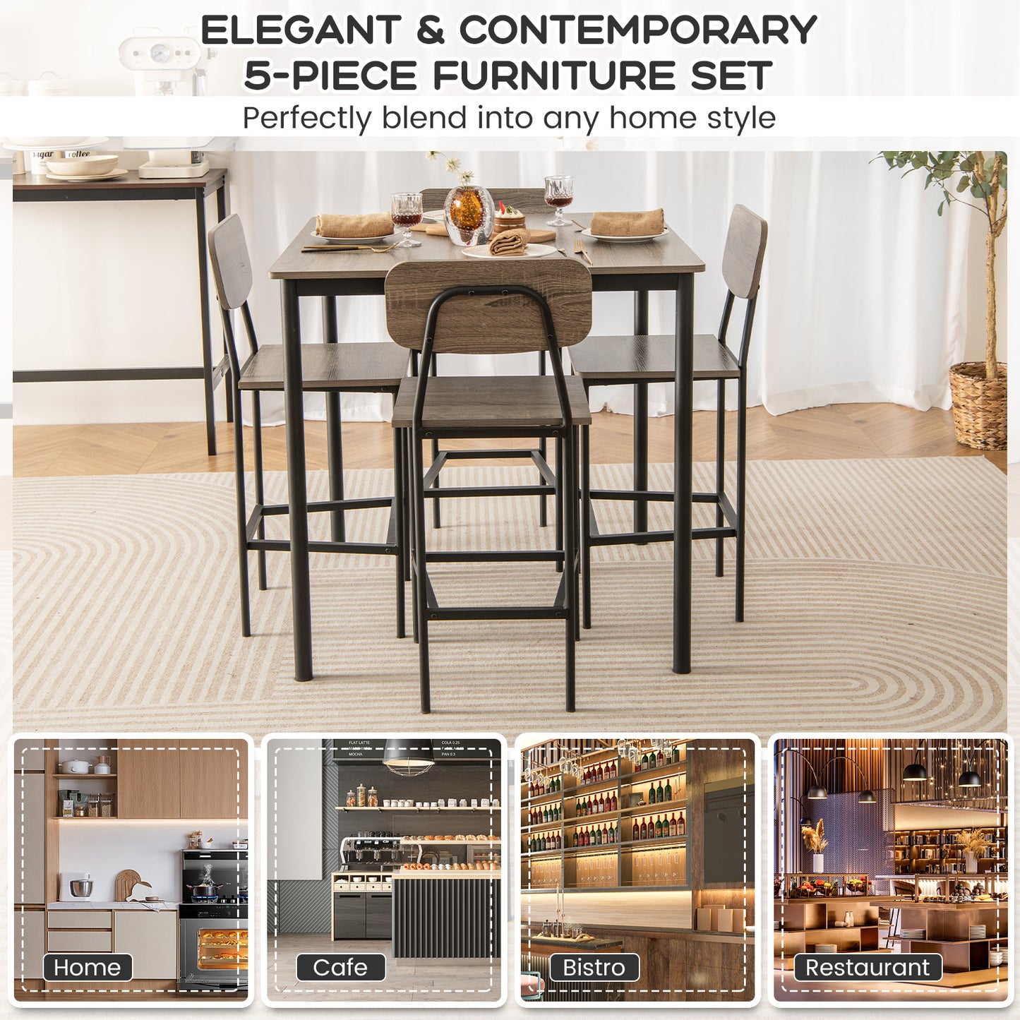 Modern 5 Piece Counter Height Dining Set with Square Table and 4 Bar Stools Grey Finish