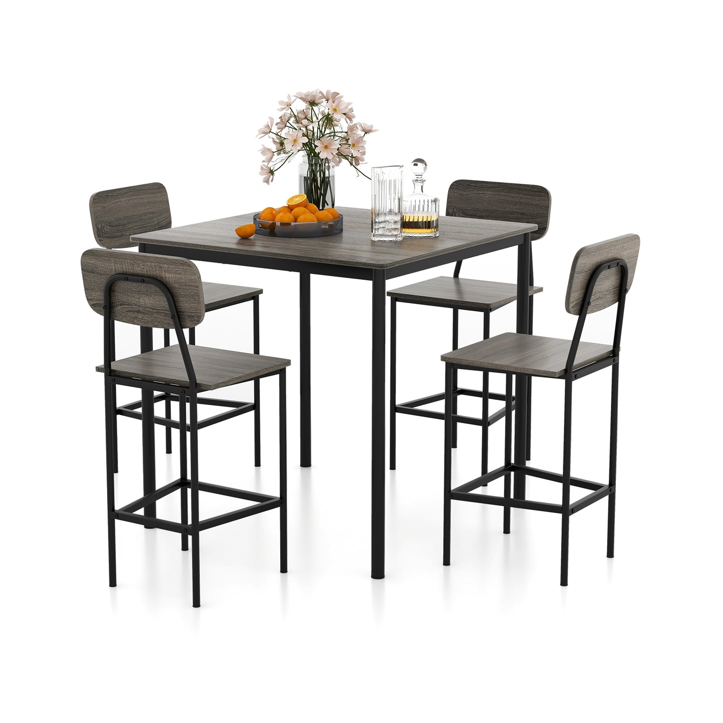 Modern 5 Piece Counter Height Dining Set with Square Table and 4 Bar Stools Grey Finish