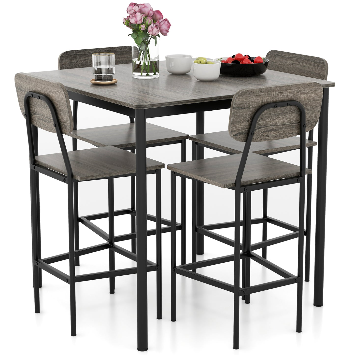 Modern 5 Piece Counter Height Dining Set with Square Table and 4 Bar Stools Grey Finish