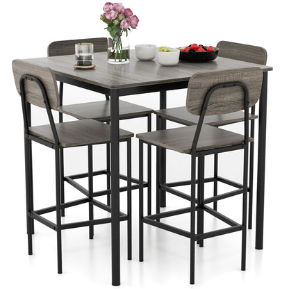 Modern 5 Piece Counter Height Dining Set with Square Table and 4 Bar Stools Grey Finish