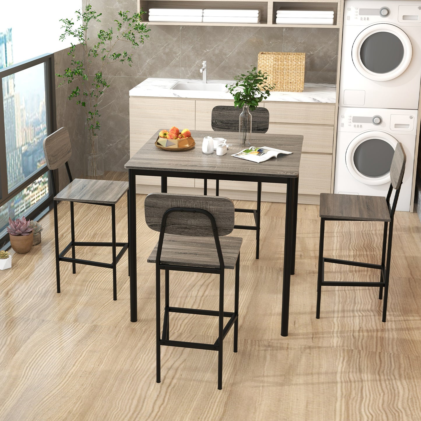 Modern 5 Piece Counter Height Dining Set with Square Table and 4 Bar Stools Grey Finish