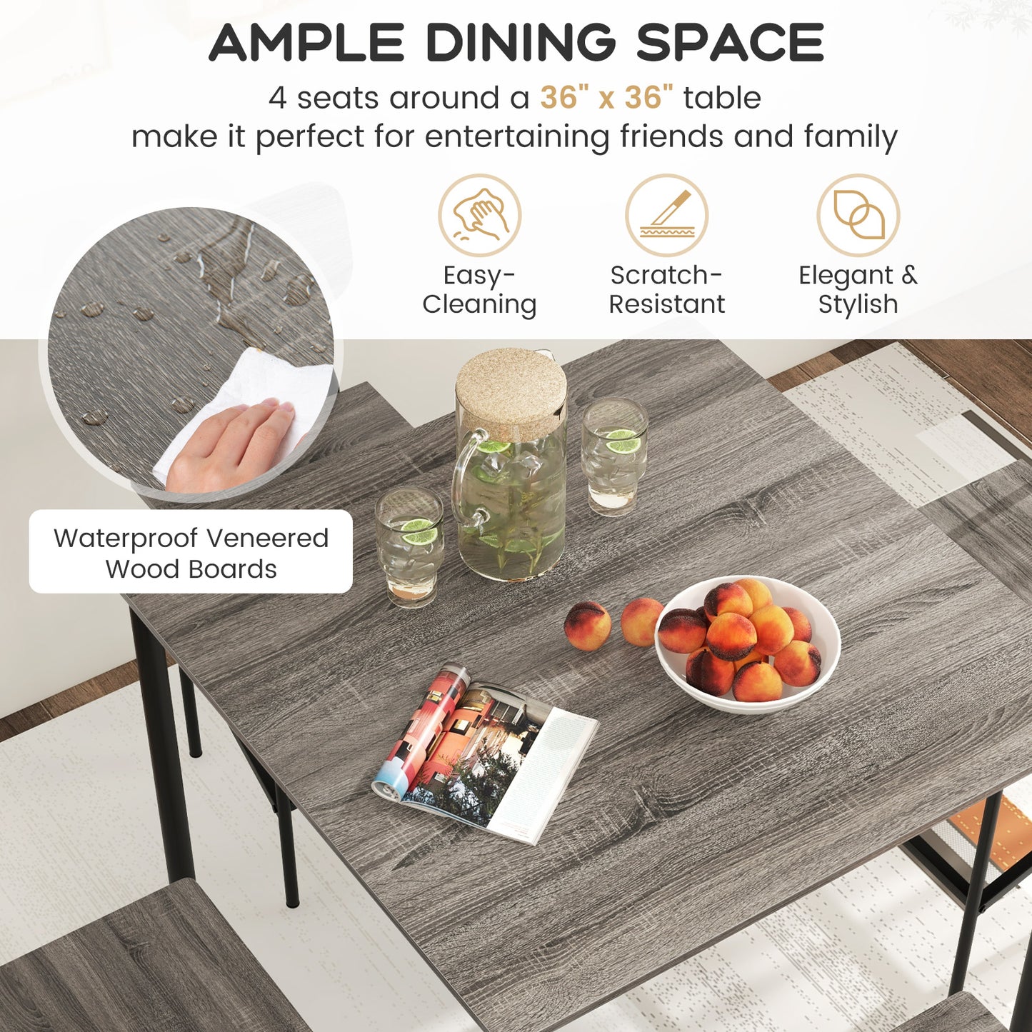 Modern 5 Piece Counter Height Dining Set with Square Table and 4 Bar Stools Grey Finish