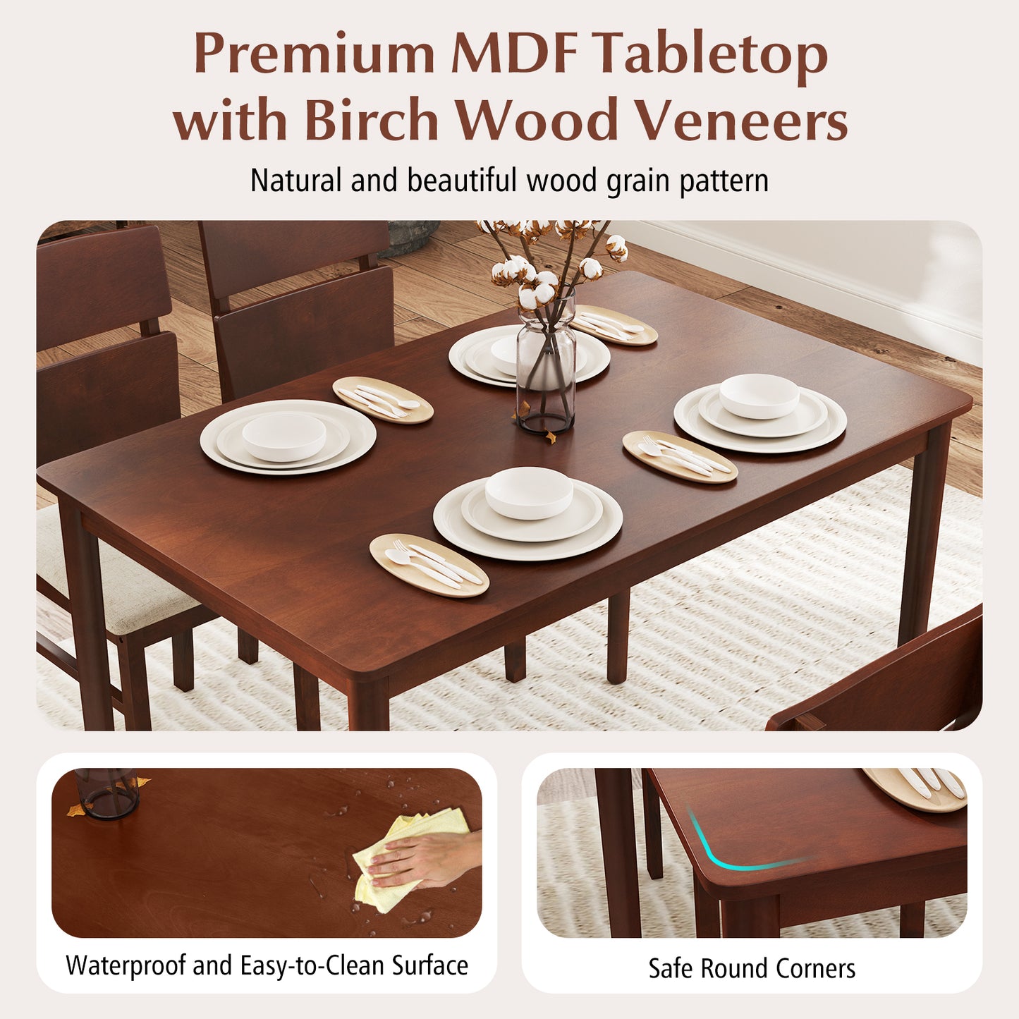 Elegant 5-Piece Dining Set for 4 with High Curved Back Chairs and Durable Table