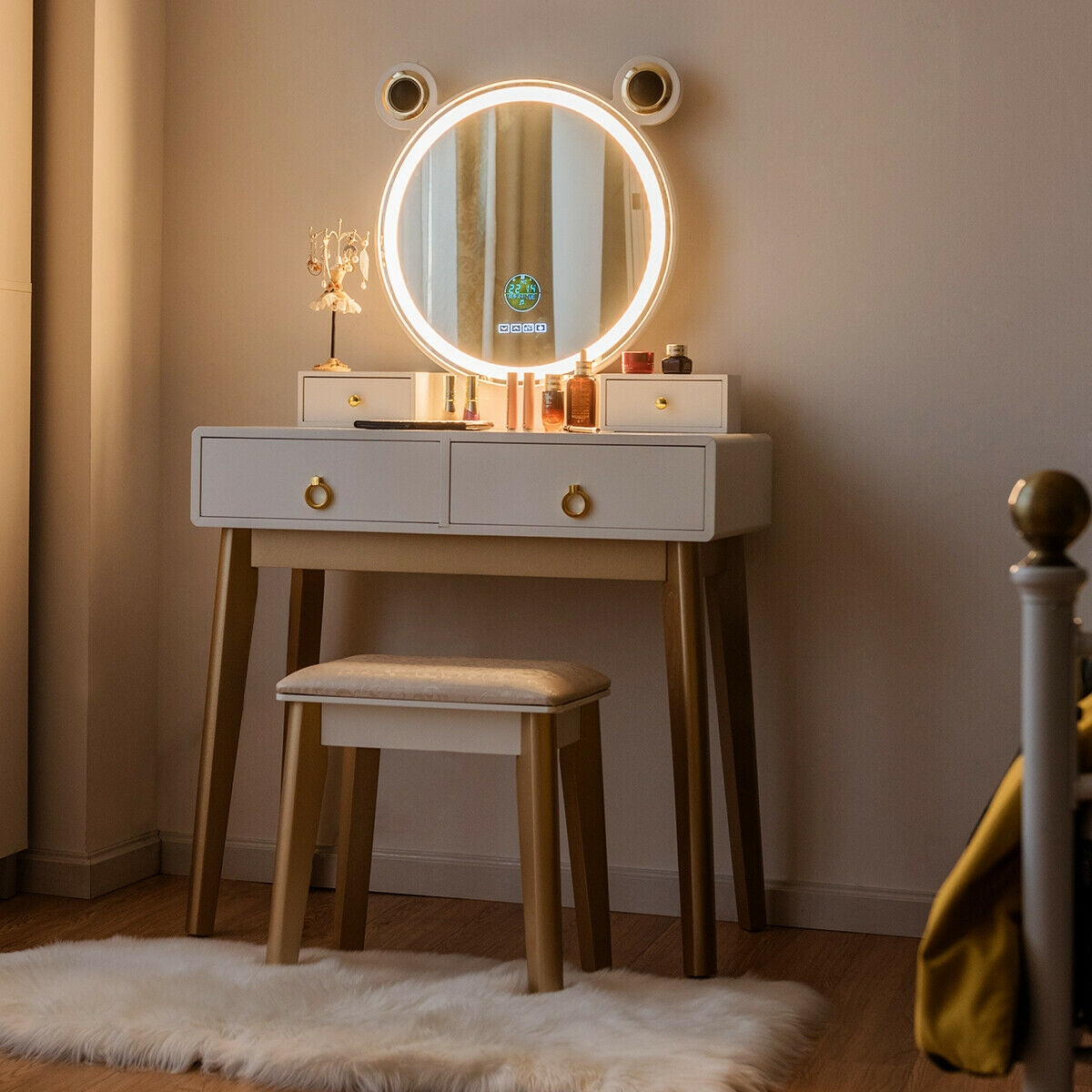 3-Color LED Vanity Set with Touch Screen Dimming Mirror, Wireless Speakers & 4 Storage Drawers