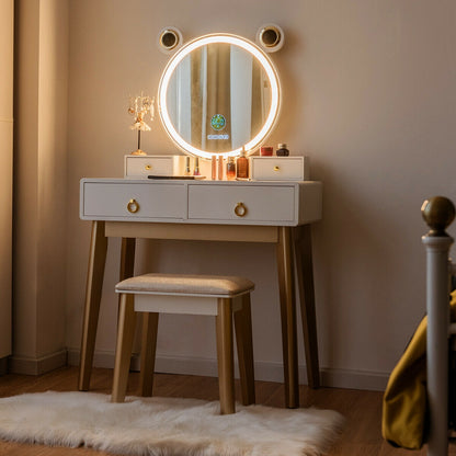 3-Color LED Vanity Set with Touch Screen Dimming Mirror, Wireless Speakers & 4 Storage Drawers