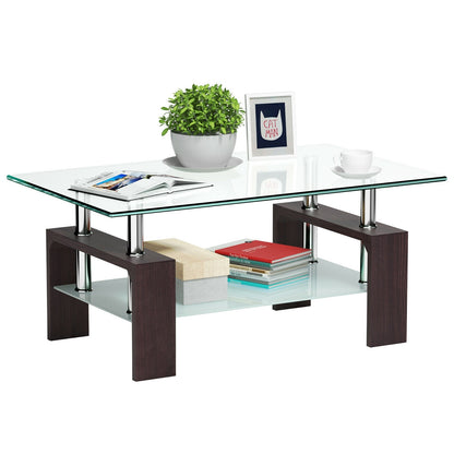 Modern Glass Coffee Table with Lower Shelf and Rectangular Design - Brown