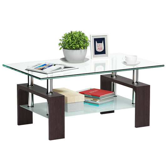 Modern Glass Coffee Table with Lower Shelf and Rectangular Design - Brown