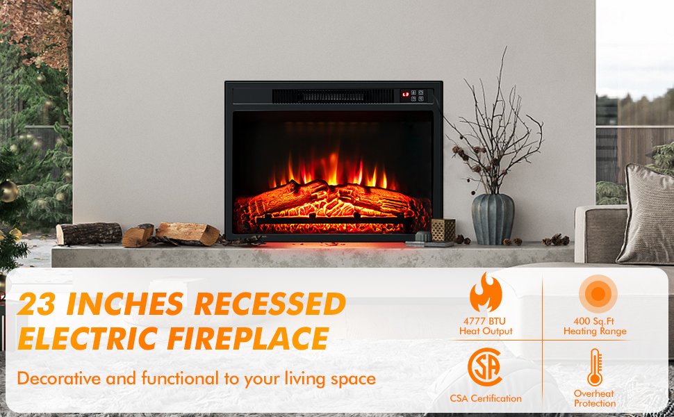 18 Inch Electric Fireplace Insert with Adjustable LED Flame Effects