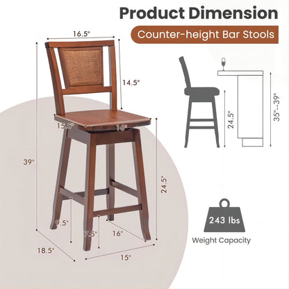 24.5 Inch Swivel Bar Stools Set of 2 with Rattan Back and Comfortable Footrests