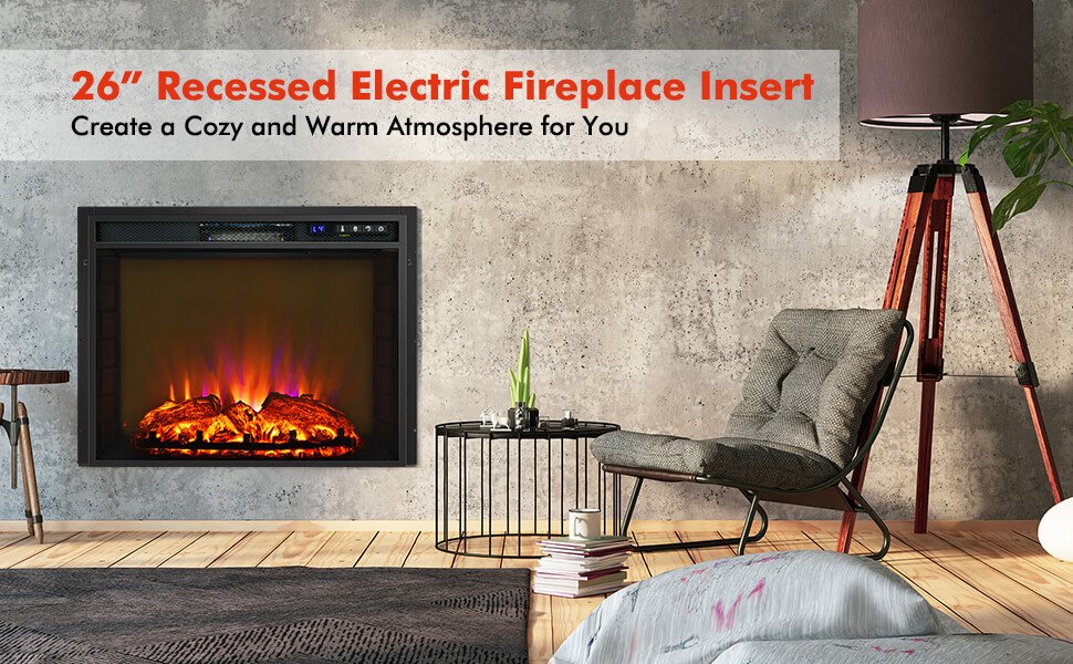 26 Inch Recessed Electric Fireplace with Customizable Flame Brightness
