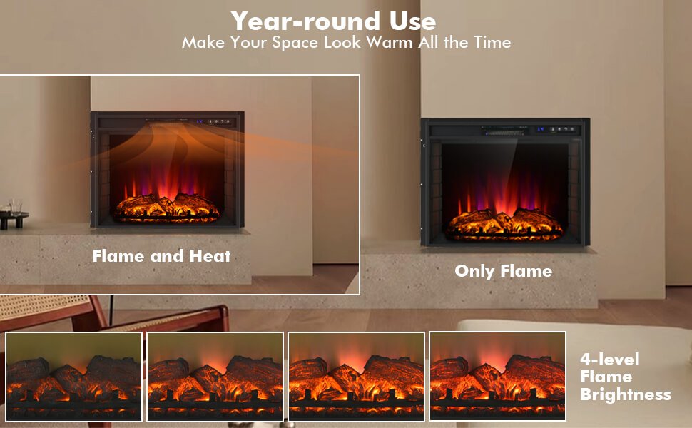 26 Inch Recessed Electric Fireplace with Customizable Flame Brightness