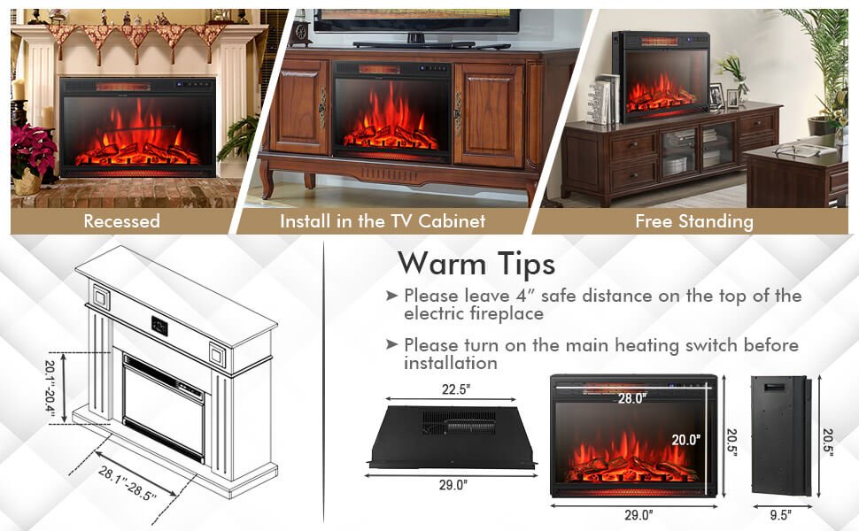 28 Inch Electric Fireplace Freestanding and Recessed with Remote Control