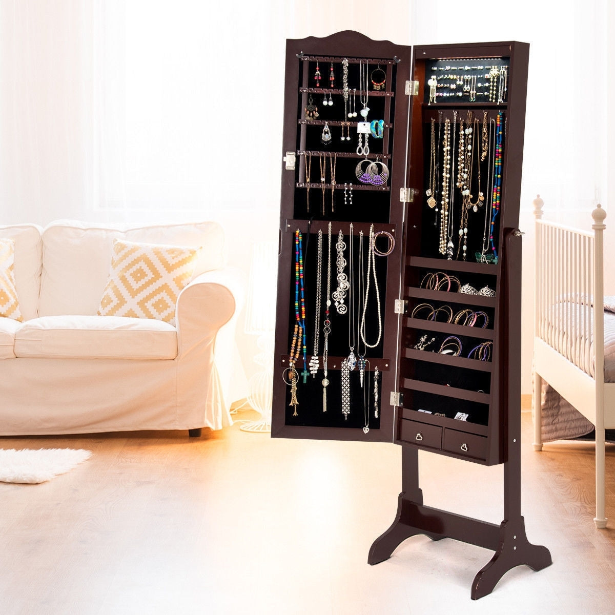 Freestanding Jewelry Armoire with Mirror, Drawers, and LED Lights