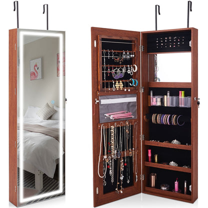 Jewelry Organizer Armoire with Full Length Mirror and Built In LED Lights Brown