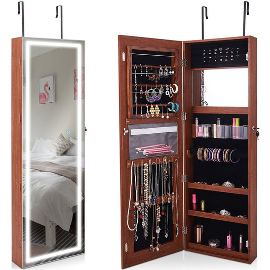 Jewelry Organizer Armoire with Full Length Mirror and Built In LED Lights Brown