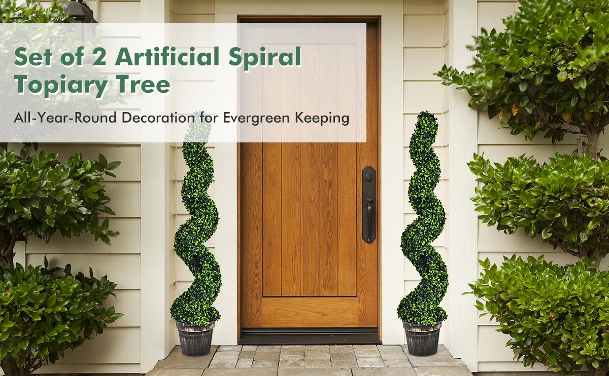 Set of 2 – 4ft Artificial Spiral Boxwood Topiary Trees for Indoor/Outdoor Spaces