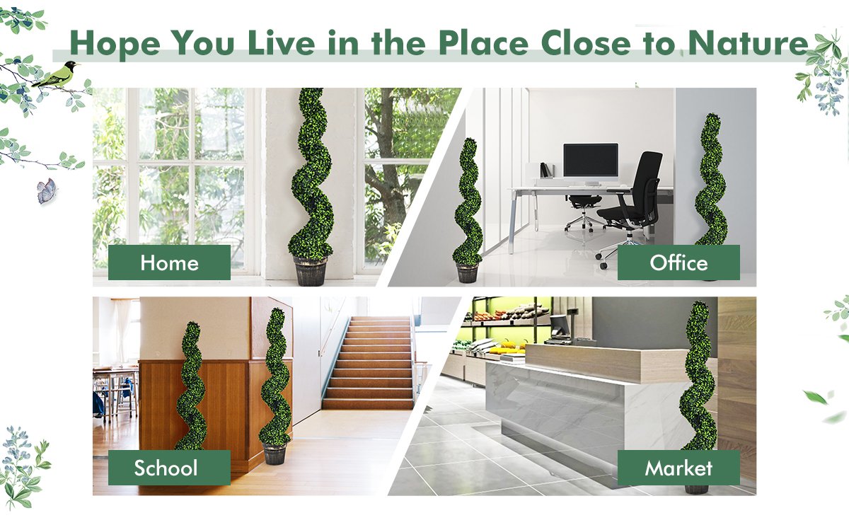 Set of 2 – 4ft Artificial Spiral Boxwood Topiary Trees for Indoor/Outdoor Spaces
