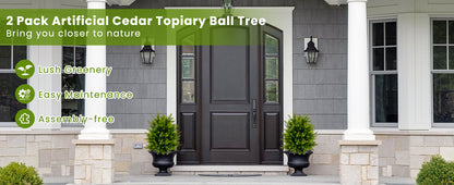 Set of 2 Artificial Cedar Topiary Trees in Cement Pots – Lifelike Home & Office Décor