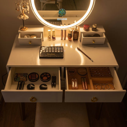 3-Color LED Vanity Set with Touch Screen Dimming Mirror, Wireless Speakers & 4 Storage Drawers