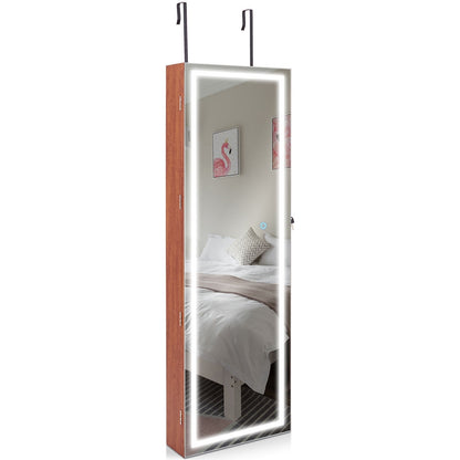Jewelry Organizer Armoire with Full Length Mirror and Built In LED Lights Brown