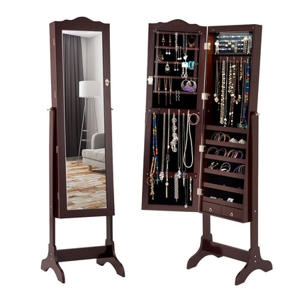 Freestanding Jewelry Armoire with Mirror, Drawers, and LED Lights