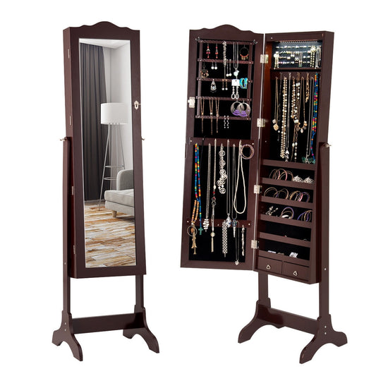 Freestanding Jewelry Armoire with Mirror, Drawers, and LED Lights