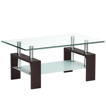 Modern Glass Coffee Table with Lower Shelf and Rectangular Design - Brown