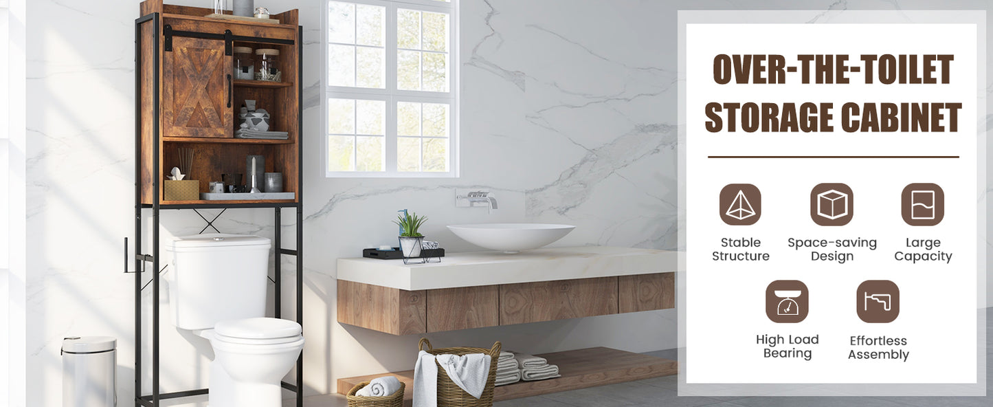 4 Tier Bathroom Storage Cabinet with Adjustable Shelves and Sliding Barn Door
