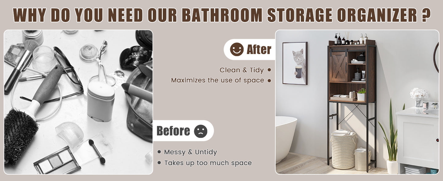 4 Tier Bathroom Storage Cabinet with Adjustable Shelves and Sliding Barn Door