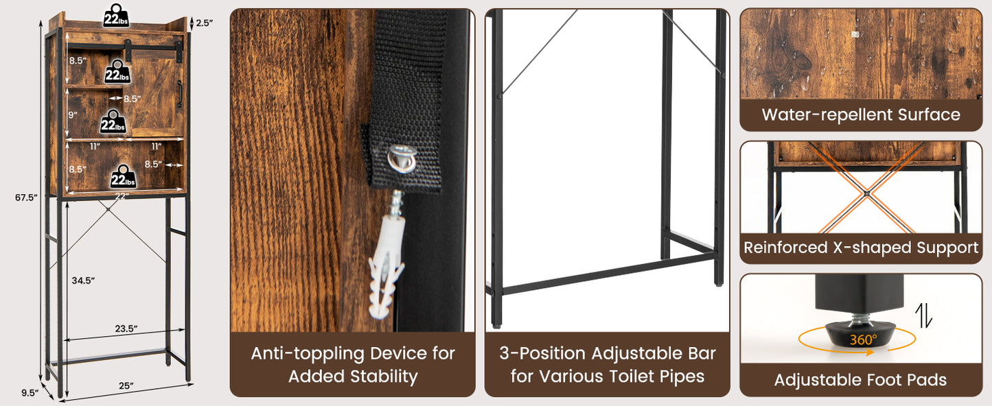 4 Tier Bathroom Storage Cabinet with Adjustable Shelves and Sliding Barn Door