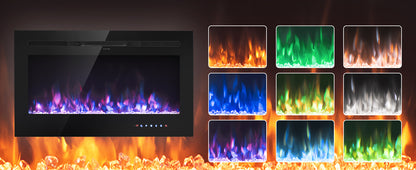 40 Inch Recessed Electric Fireplace with Thermostat & Multi Color Flames