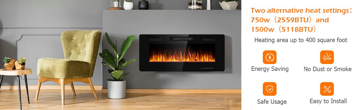 42 Inch Recessed Ultra Thin Electric Fireplace with Timer & Adjustable Heat
