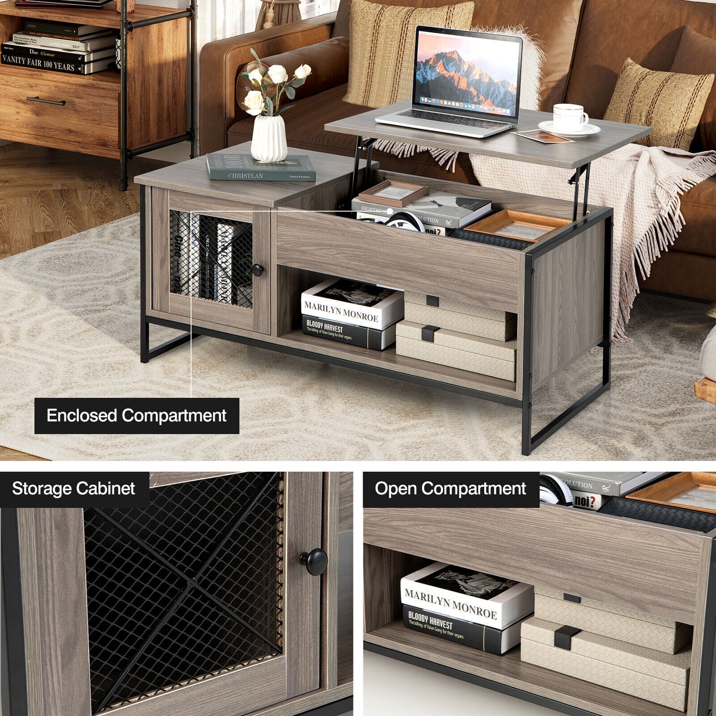 Multi Functional Lift Top Coffee Table with Enclosed and Open Storage