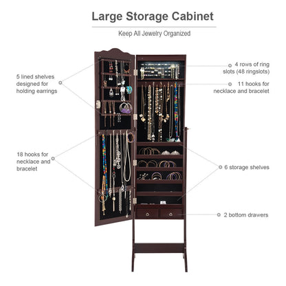 Freestanding Jewelry Armoire with Mirror, Drawers, and LED Lights